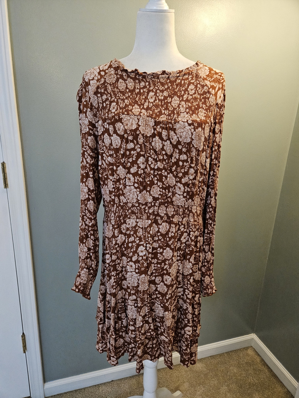 Knox Rose Brown Floral Long-Sleeve Women's Dress Size XL